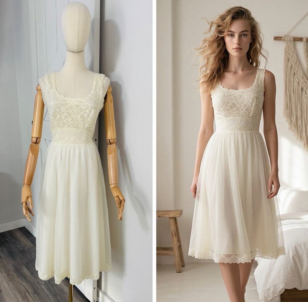 VTG 60s Shadowline Size 34 Small Nightie Nightgown Slip Double Nylon Lace Ivory